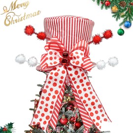 Christmas Tree Topper Hat with Bow, Red and White Stripes Top Hat Ornament with Polka Dot Bow, Winter Holidays Xmas Decor for Home Decoration (Red)