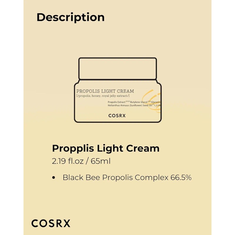 Cosrx Propolis Light Cream 65 ml hidratante con 64.5 propleo