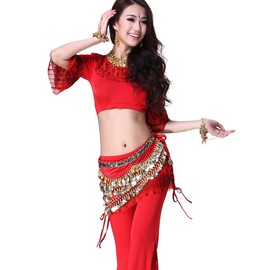 ZLTdream Lady's Belly Dancing Hip Scarf Wrap Belt Skirt Accessories with Wave Gold Coins Red