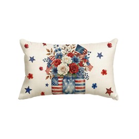4th of July Patriotic Poppy Floral Glass Bottle Throw Pillow Cover, 12 x 20 Inch Independence Day Memorial Day America Flag Stars Stripes Decor Cushion Case for Sofa Couch