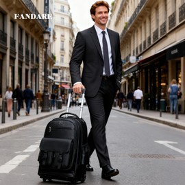 FANDARE Rolling Laptop Backpack Convertible Luggage Backpack with Wheels Travel Daypacks Multi-Functional Carry-On for Business Trip Men Lifestyle Outdoor Urban Waterproof PU Film Backpacks Black