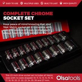 Olsa Tools Metric Socket Set (18pc) | 1/2-Inch Drive | 6-Point Shallow Socket Set | Metric Sizes from 10 mm to 27 mm | Mechanic Metric Socket Sets | Short Chrome Sockets | Professional Grade