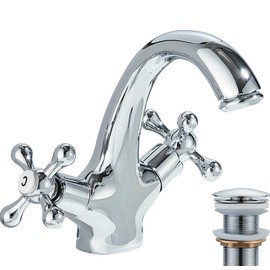 Traditional Victorian Monobloc Basin Mixer Tap Vintage Chrome Dual Cross Handle Bathroom Faucet with Pop up Waste Single Hole Monobloc