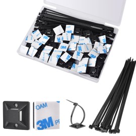 Strong Back-Glue Self Adhesive Cable Zip Tie Mounts Kit - 100 Set Cable Management Clips with 6" Zip Ties, Wire Holders - Outdoor Sticky Wire Organizer Clips-Black