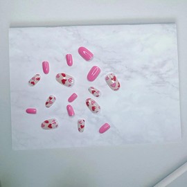 Short Press on Nails Oval False Nails Red Love Press on Nails with Heart Design Glossy Pink False Nails with Glue on Nails Artificial Nails Reusable Stick on Nail for Women Valentine’s Manicure 24PCS