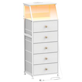 Tohomeor Dresser with Fabric Drawers Nightstand with 2 Tier Shelf Storage Tower for Bedroom Hallway Entryway Closet Organizer Sofa Beside Table Furniture (White, 5 Drawers)