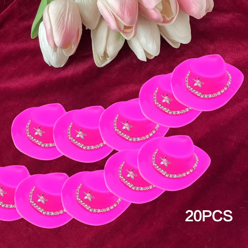 QCWN 20 Pcs Mini Cowboy Hat Pink Plastic Cowgirl Party