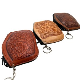 Mexican Leather Coin Pouch with Aztec designs in Assorted Colors 1pc | Monedero Mexicano de Piel con figuras Aztecas - MexART, Beige