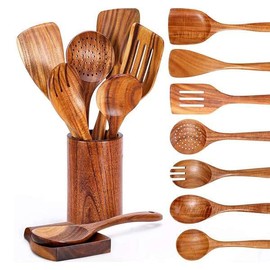 Kopinma 9 PCS Kochutensilien-Set, Pfannenwender Holz, Holzlöffel zum Kochen, Groß Holz Spatel Kochgeschirr Turner, Holzutensilien zum Kochen mit Utensilienhalter, KüChenutensilien-Set Aus Teakholz