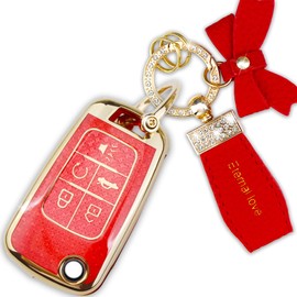 Simocky Fit for GMC Buick Key Fob Cover with Diamond Keychain, Compatible with Chevy Cruze Camaro Malibu Equinox Impala Buick Encore Regal GMC Flip Folding Key for Women (5 Buttons—Red Bowknot)