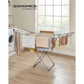 SONGMICS Clothes Drying Rack, Metal Laundry Drying Rack, Foldable, Space-Saving, Free-Standing Airer, with 4 Gullwings, Indoor Outdoor Use, Bed Linen Clothing, Gray ULLR541G01