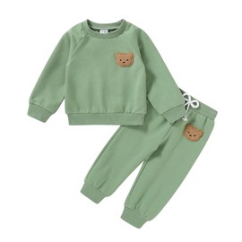 Eaerobc Fall Outfit for Toddler Boy Girl Long Sleeve Bear Sweatshirt Pant Sets Winter Pullover Clothes(Green,4-5T)