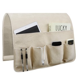 NB Sofa Armrest Organize remote holder bedside caddy organizer with 5 pockets，non-slip couch remote control holder couch armchair caddy accessories (Beige, 35''x18'')