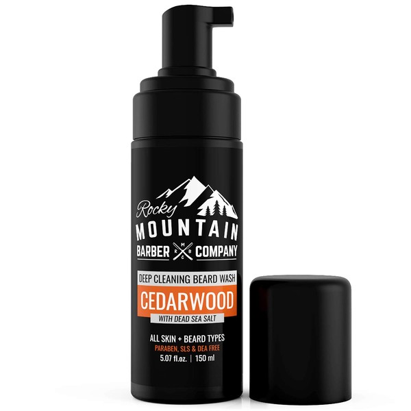 Foaming Cedarwood Beard Wash - With Cedarwood Essential Oil, Vitamin B5 & Dead Sea Salt – 5 oz by Rocky Mountain Barber Company