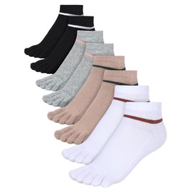 Bencailor 4 Pair Women Toe Socks Striped Cotton Crew Socks with Toes Separated for Women Men Athletic Running(Black, White, Grey, Khaki)