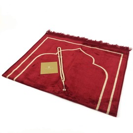 Tekbir Muslim Prayer Rug with Beads - Soft Mihrab Style Velvet Islamic Janamaz - Portable Mat Carpet for Muslims - Enhance Sajadah Mat (Red)