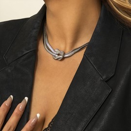 Long Twisted Snake Chain Necklace Y Lariat Necklace for Women Boho Statement Necklace Gold Twist Herringbone Necklaces Gifts（Silver Knotted Choker）