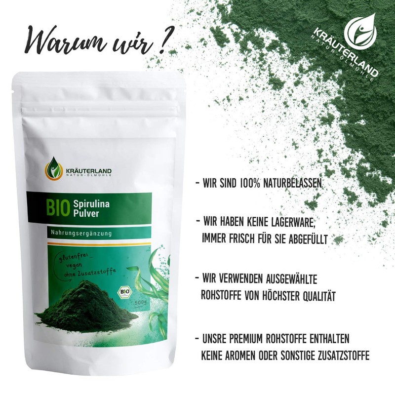 Kräuterland Organic Spirulina Powder, 500 g, Spirulina Powder, Vegan Algae