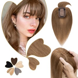Benehair Women Human Hair Toppers with Bangs 6inch Light Brown Women Hair Topper Clip in Topper Straight Remy Hair Silk Base Hair Toppers for Women with Thinning Hair/Gray Hair/Hair Loss #6