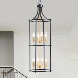 XINGQI Foyer Chandeliers for High Ceiling, Modern Dinning Room 8 Light Lantern Tiered Chandelier Black and Gold Cage Pendant Lighting Fixture for Staircase Entryway Living Room