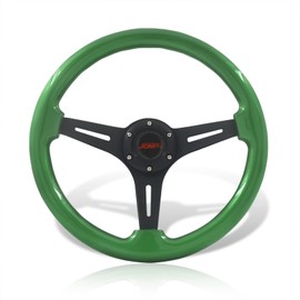 AJP Distributors Universal 14" 350mm 6 Bolts Holes Aluminum Light Weight Steering Wheel Green Wood Grain Black Deep Dish 3 Spoke Heavy Duty + Horn Button Replacement JDM VIP Sport