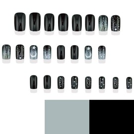 24Pcs Medium Coffin Fake Nails Black Starry Night French Tip Medium Press On Nails Coffin with Designs Full Cover Glossy False Nails ,Acrylic Thick Glue on Nails, Stick on Nails For Women Daily Events DJ-110