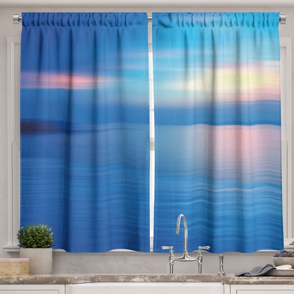 Ambesonne Landscape Kitchen Curtains, Panoramic Ocean Seascape View in Dawn