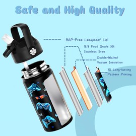 ACESAK 14oz Kids Insulated Water Bottle with Straw Lid - 18/8 Stainless Steel Kid Cup Travel Tumbler Double Wall Vacuum Leak Proof Portable Toddler Water Bottle (Game)