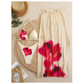 Verdusa - Conjunto de bikini de 3 piezas con estampado floral bohemio para mujer, diseño triangular, corte alto con cubierta, Amarillo, M
