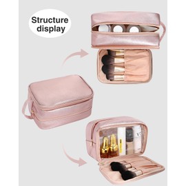MONSTINA Travel Makeup Bag,Double Layer Toiletry Organizer Women Makeup Brush Bag Cosmetic Case Portable Large Wide-open Pouch Brush Holder Purse Bag