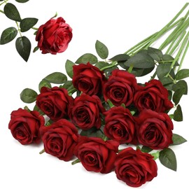 Hawesome - Ramo de 12 rosas artificiales de seda realistas con tallo largo para decoración del hogar, boda, fiesta (Rojo Vino 1)
