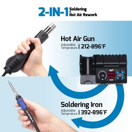 WEP 882D Soldering Iron Station 2-IN-1 SMD Hot Air Rework Station with 2 Spools of Solder Wire, 5 Soldering Tips, 3 Hot Air Nozzles, Brass Wool Tip Cleaner, Tweezers, Desoldering pump