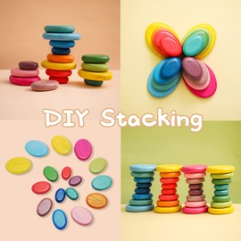 OESSUF 16PCs Stacking Rocks Wooden Stacking Toys Balancing Stacking Stones Wooden Stone Stacking Game for Toddler Wood Sorting Montessori Stacking Rocks for Kids Baby Block