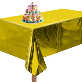 Trimming Shop Gold Foil Tablecloth, 54 x 108 Inch Rectangle Tablecloth for 6 to 8 Foot Table, Shiny Metallic Waterproof Table Cover for Birthday, Wedding, Graduation, New Year Party (1 Pack)