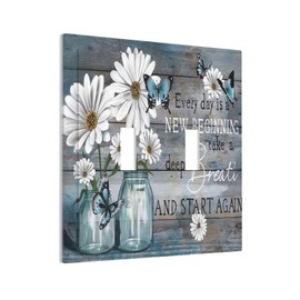 LWDZLHD Rustic Daisy Floral Butterfly Double Toggle Light Switch Cover Decorative Country Flower Wood 2 Gang Wall Plate Electrical Faceplate for Farmhouse Bathroom Kitchen Bedroom 5" x 4.9"