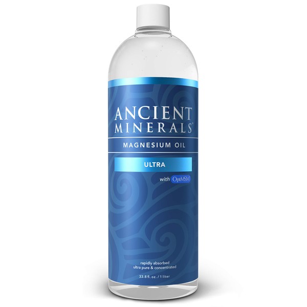 Ancient Minerals Magnesium Oil Ultra with OptiMSM, Refill 33.8 oz. - Pure Genuine Zechstein Magnesium Chloride Supplement with MSM - Best Topical Skin Application for Dermal Absorption
