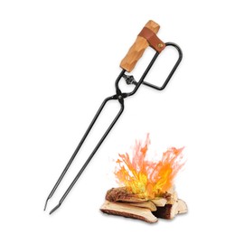 Fireplace Tongs, Wooden Handle Log Grabber Firewood Tongs for Fire Pit, Campfire BBQ Charcoal Clip Tongs, Heavy Duty Duck Billed Fire Tongs for Camping, Grilling, Indoor Outdoor Cooking