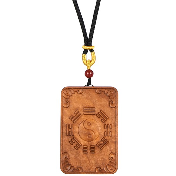 Lunarthos Natural Wood Bagua Pendant Necklace, Adjustable Length, Unique Hand