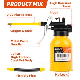 DIFFLIFE Oil Can Transparent High Pressure Oiler Lubrication 220ml Oil Can Bottle Oiling Gun with Rigid & Flex Spout Thumb Pump Tool Oiler (Yellow)-7.4 OZ.