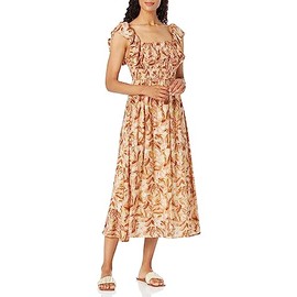 Moon River Women's Ruffle Smocked Shirred midi Dress, Brown Multi, Large