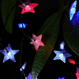 SEMILITS Outdoor Solar String Lights 50LEDs with 3D Shaped Crystal Star String Lights for Garden Decorations(Blue White Red US Flag Color)