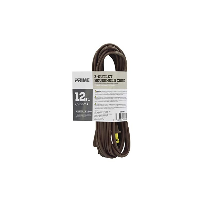 Prime EC670612 12-Foot 16/2 SPT-2 3-Outlet Indoor Cord, Brown