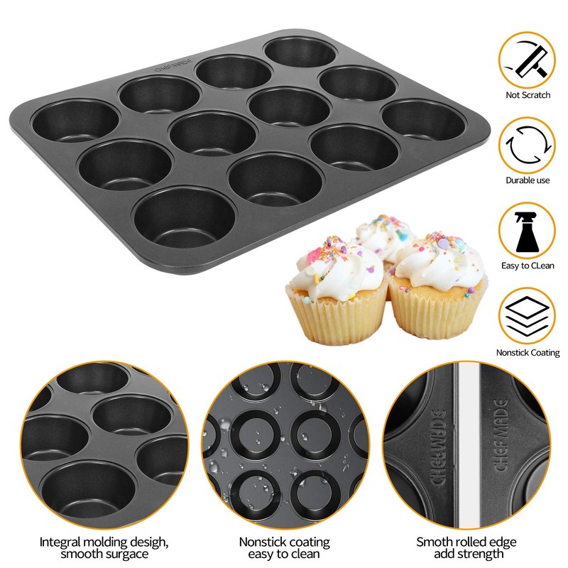 CHEFMADE 12 Cups Muffin Pan Set, 2 Packs Bakeware Non-Stick