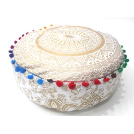CRAFT KALA Gold Large Hippie Mandala Meditation Floor Ottoman Pillow Cushion Pouf Cover Square Poufs Bohemian Circle Floor Cushion Case Outdoor Fireplace Yoga Living Room Decor Cover 16" Round
