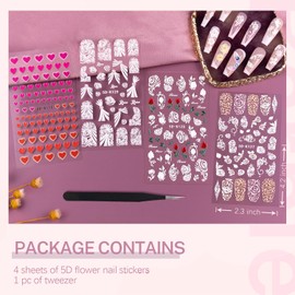 4 Sheets 5D Flower Nail Art Stickers Decals Embossed Hollow Exquisite Pegatinas Uñas 3D Self Adhesive White Lace Floral Leaf Feather Nail Accessories for Acrylic Nail Design Women Manicure Decor SET-7