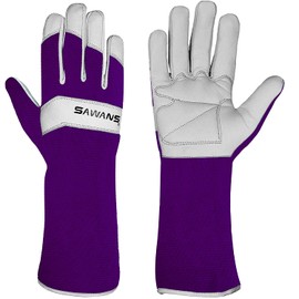 SAWANS Long Gardening Gloves Leather Ladies Men Women Durable Goatskin Garden Gloves Forearm Protection Thorn Proof Gardener Work Spandex Sleeves Rose Pruning Gift (Purple, M)