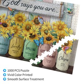 Christian Puzzles for Adults 1000 Pieces Sunflower Religious Bible Verses Jigsaw Puzzles God Says You are Puzzle Inspirational Challenging Wooden Puzzle for Adults Family Game Toy Educational