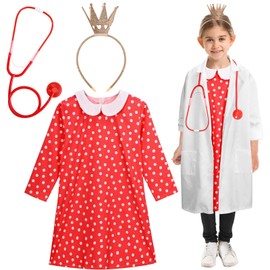 Princess Pearl Costume for Girls with Red Dress, Gold Crown Headband, Stethoscope and White Doctor Coat for World Book Day Fancy Dress (10-12 Years)