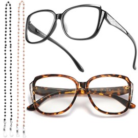 Yiwaeye Stylish Oprah Computer Glasses Blue Light Blocking, Retro Large Frame with Fashion Eyeglasses Chains for Women 2 Pack +0.0