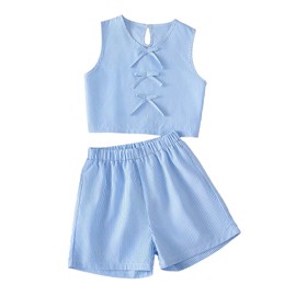 Verdusa Girl's 2 Piece Striped Outfits Cute Bowknot Tank Tops with Shorts Summer Clothing Set Blue 9 Years